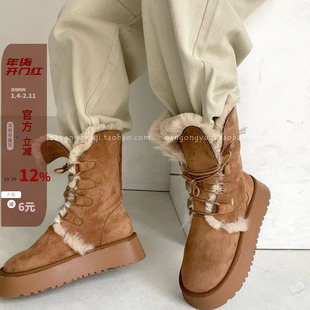 韩国东大门代购2025冬新款厚实保暖长毛毛里防滑轻便绑带雪地靴棉