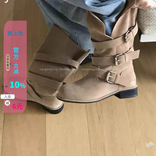 慵懒风皮带扣鹿皮绒中筒靴