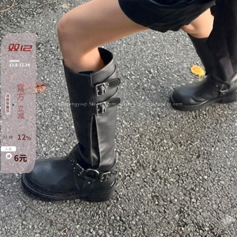 休闲皮带扣宽筒靴高筒靴黑靴女
