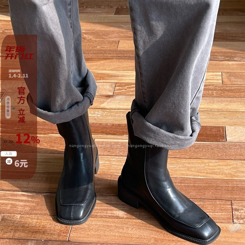 韩国东大门女鞋2025秋新款ins法式休闲拼接显瘦方头低跟短靴奶白,女鞋,时装靴,淘宝优惠券,粉丝福利购,淘宝优惠卷