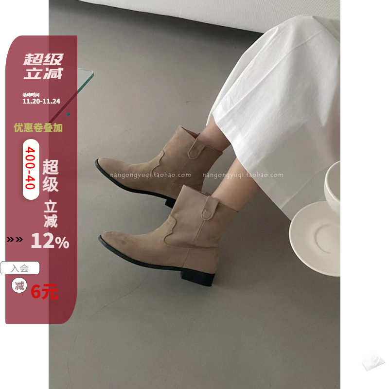 磨砂复古套筒圆头低跟西部靴