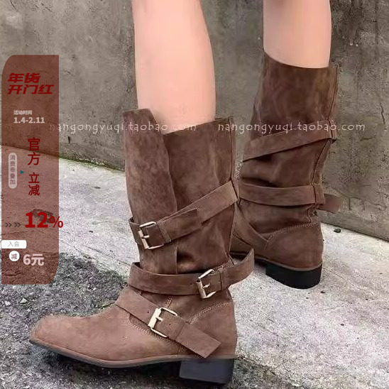 现 韩国东大门代购2024秋时髦街拍复古磨砂绒皮带扣慵懒风靴中筒,女鞋,西部靴,淘宝优惠券,粉丝福利购,淘宝优惠卷