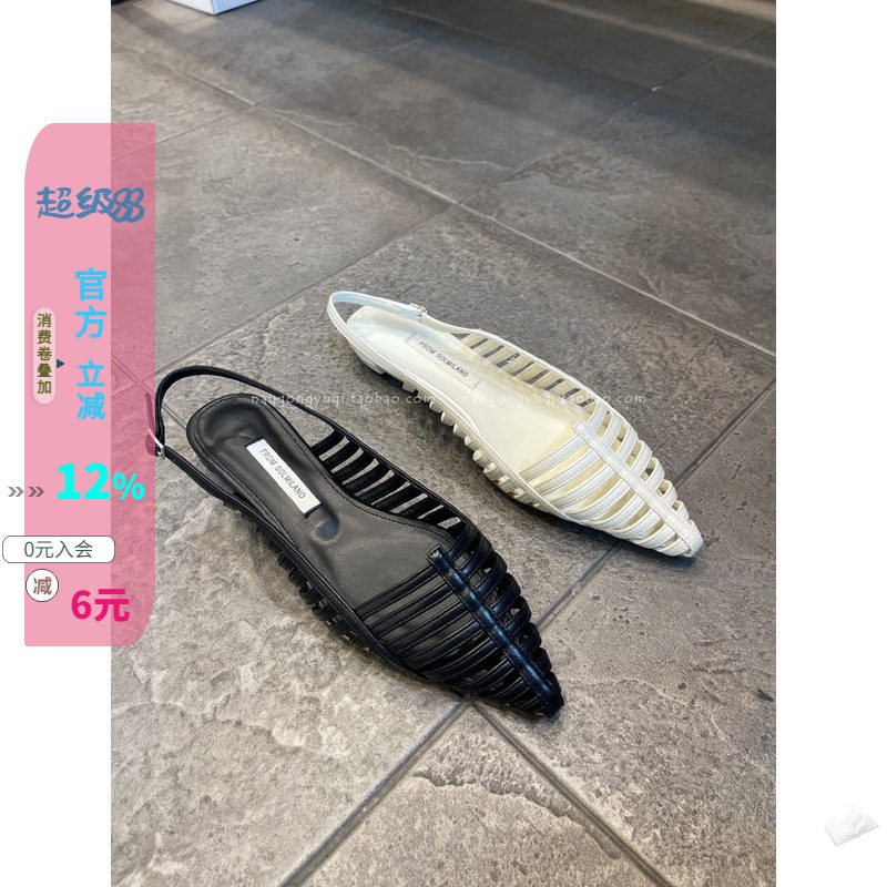 编织镂空纯色尖头低跟罗马凉鞋