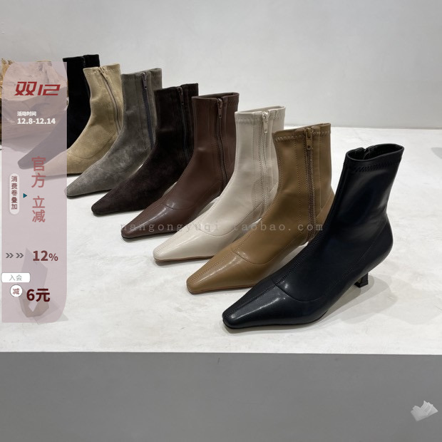 简约尖头小猫跟弹力瘦瘦靴