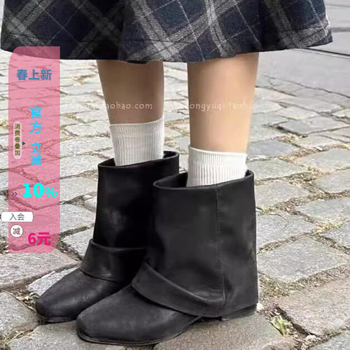慵懒风方头褶皱裤靴宽松短靴