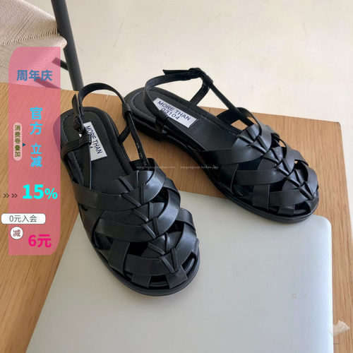 编织包头皮扣搭扣平底纯色凉鞋
