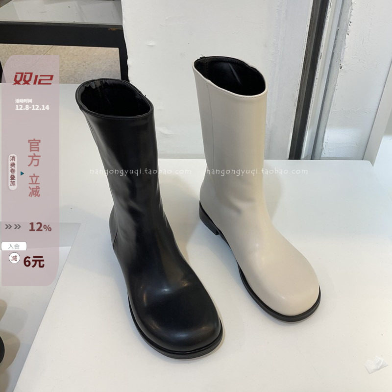 圆头奶白减领低跟中筒靴骑士靴