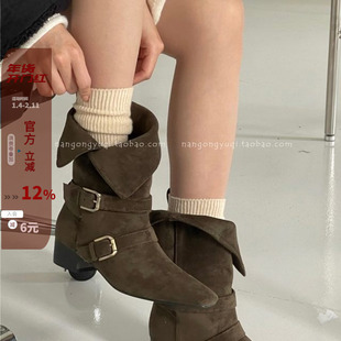 现韩国东大门女鞋2025法式复古高级感墨绿皮带扣挽边两穿方跟短靴