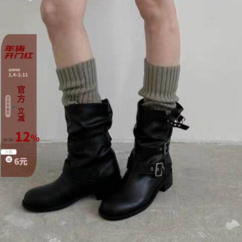 现秋东大门新马丁靴女英伦风中筒机车短靴厚底粗跟皮带扣骑士靴,女鞋,时装靴,淘宝优惠券,粉丝福利购,淘宝优惠卷