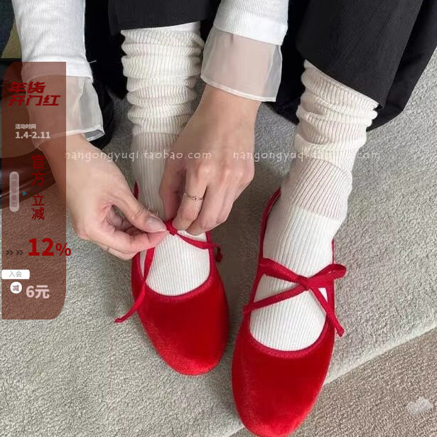 韩国东大门25秋新chic复古减龄丝绒系带软底平底小红鞋玛丽珍布鞋,女鞋,玛丽珍鞋,淘宝优惠券,粉丝福利购,淘宝优惠卷