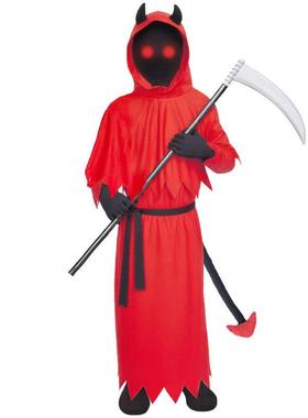 万圣节儿童服装红色恐怖牛角死神撒旦恶魔cos装扮发光眼镰刀套装