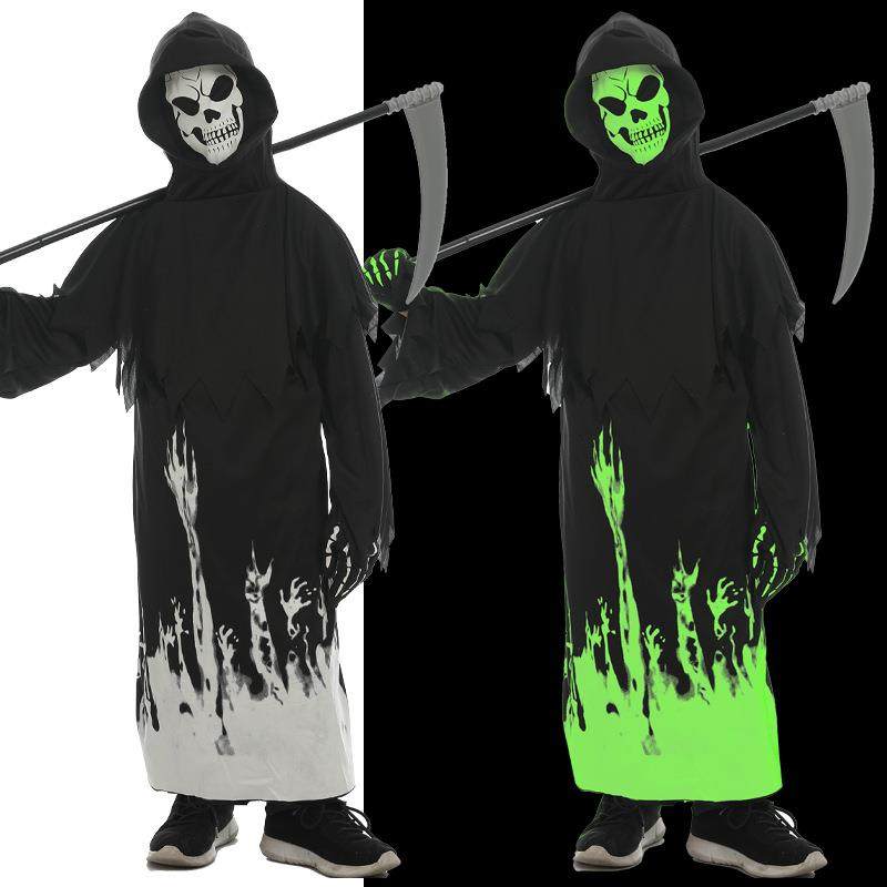 万圣节儿童派对cosplay服装夜光黑袍死神装扮角色扮演夜光骷髅