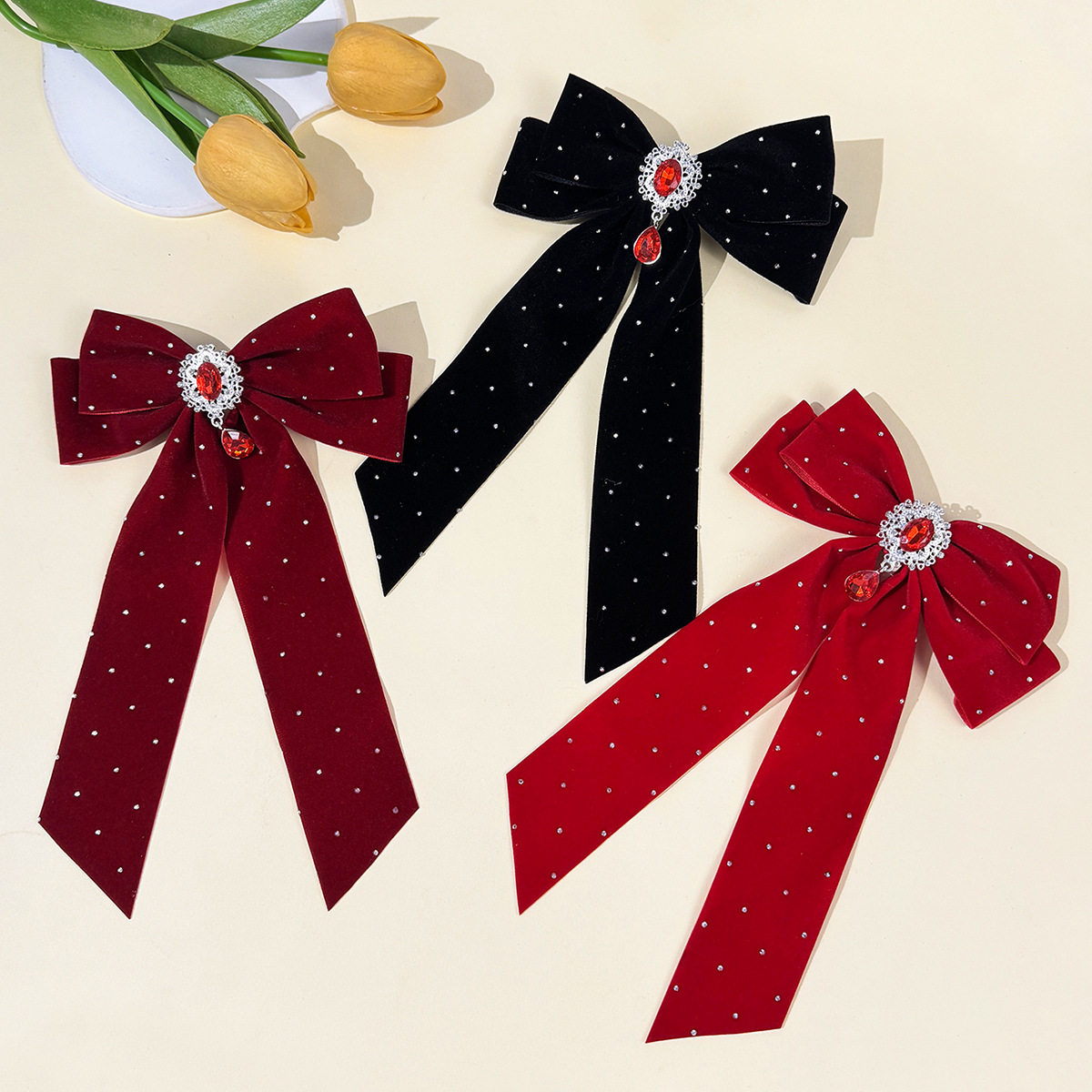 法式优雅丝绒蝴蝶结发夹女红宝石吊坠后脑勺顶夹时尚甜美公主发饰