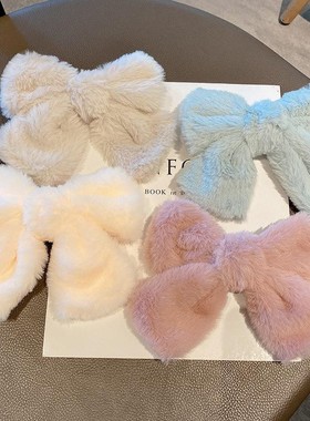 毛绒大蝴蝶结发夹白色后脑勺发卡毛毛秋冬网红头饰毛茸茸夹子发饰