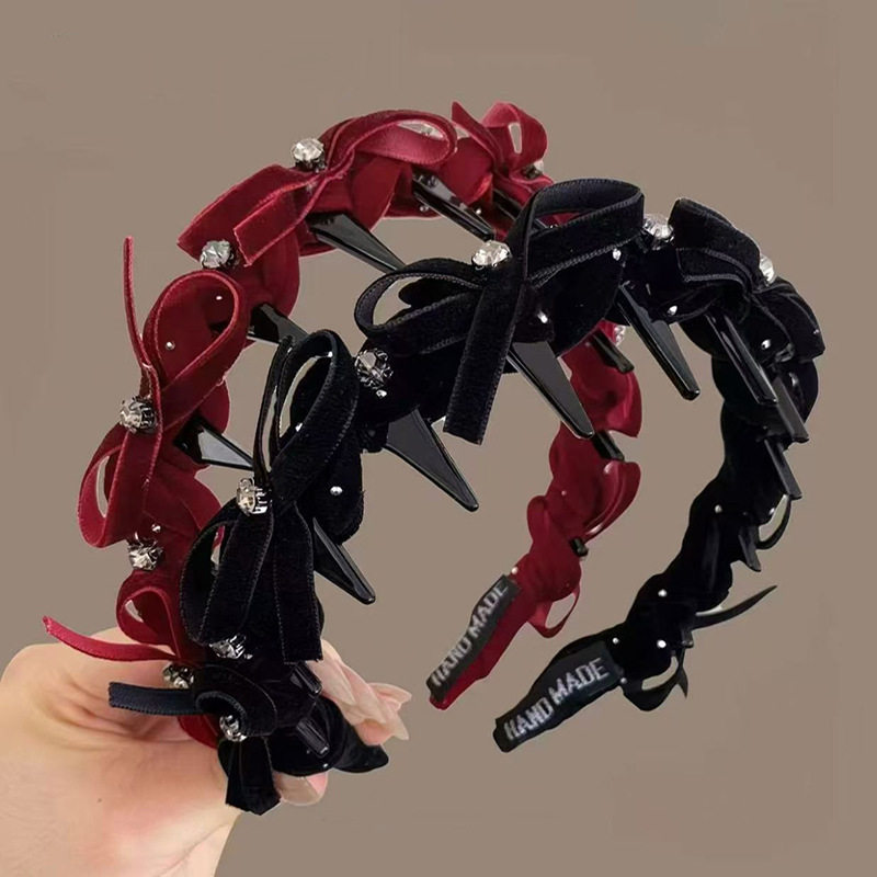 精致丝绒蝴蝶结带钻带齿发箍女秋冬新款高颅顶头箍显脸小百搭发卡