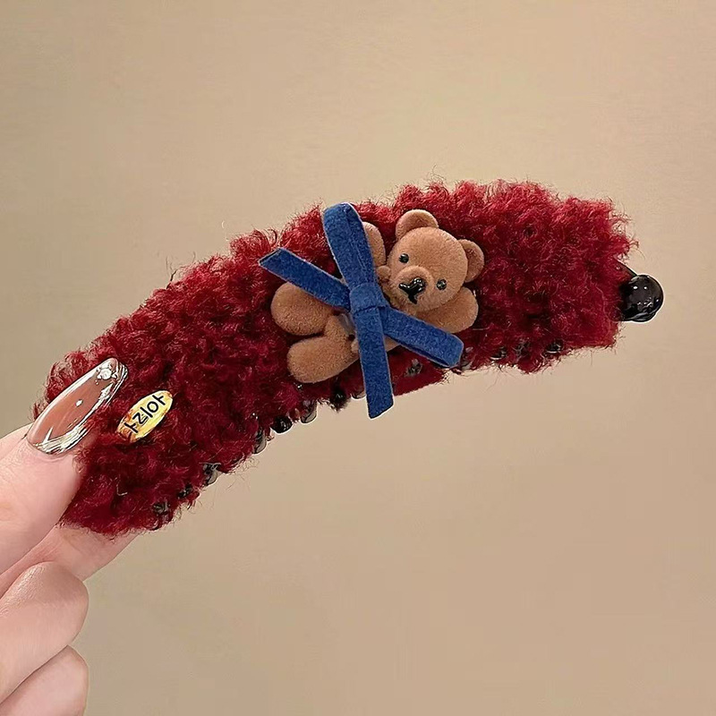 圣诞新年秋冬可爱小熊毛绒高马尾香蕉夹发夹女后脑勺竖夹发卡新款