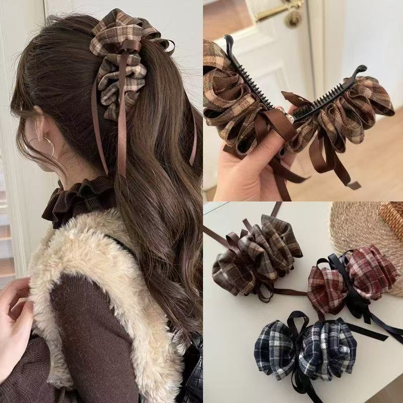 复古格纹褶皱泡泡香蕉夹女高马尾固定夹后脑勺盘发鲨鱼夹半扎发夹