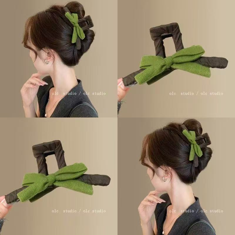 松绿玫瑰韩系抹茶蝴蝶结抓夹女蝴蝶结鲨鱼夹发量大发夹盘发夹