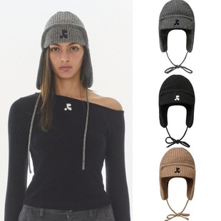 现货韩国restandrecreation针织毛线帽子女RR保暖护耳系带雷锋帽