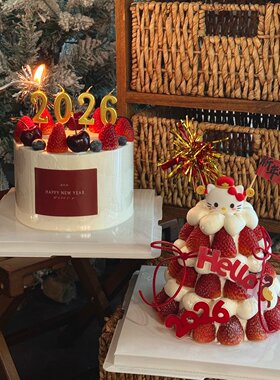 hallo2026新年快乐财神kt猫蛋糕装饰摆件跨年除夕蜡烛装扮插件