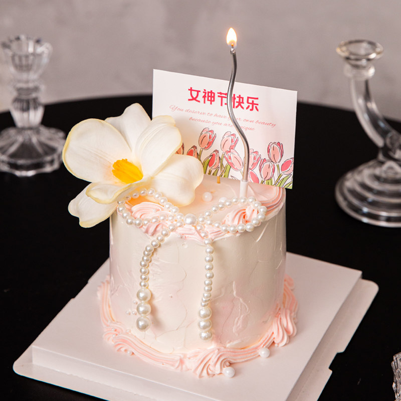 3.8妇女节唯美仿真花蛋糕装饰珍珠蝴蝶结女神节快乐卡片烘焙装扮