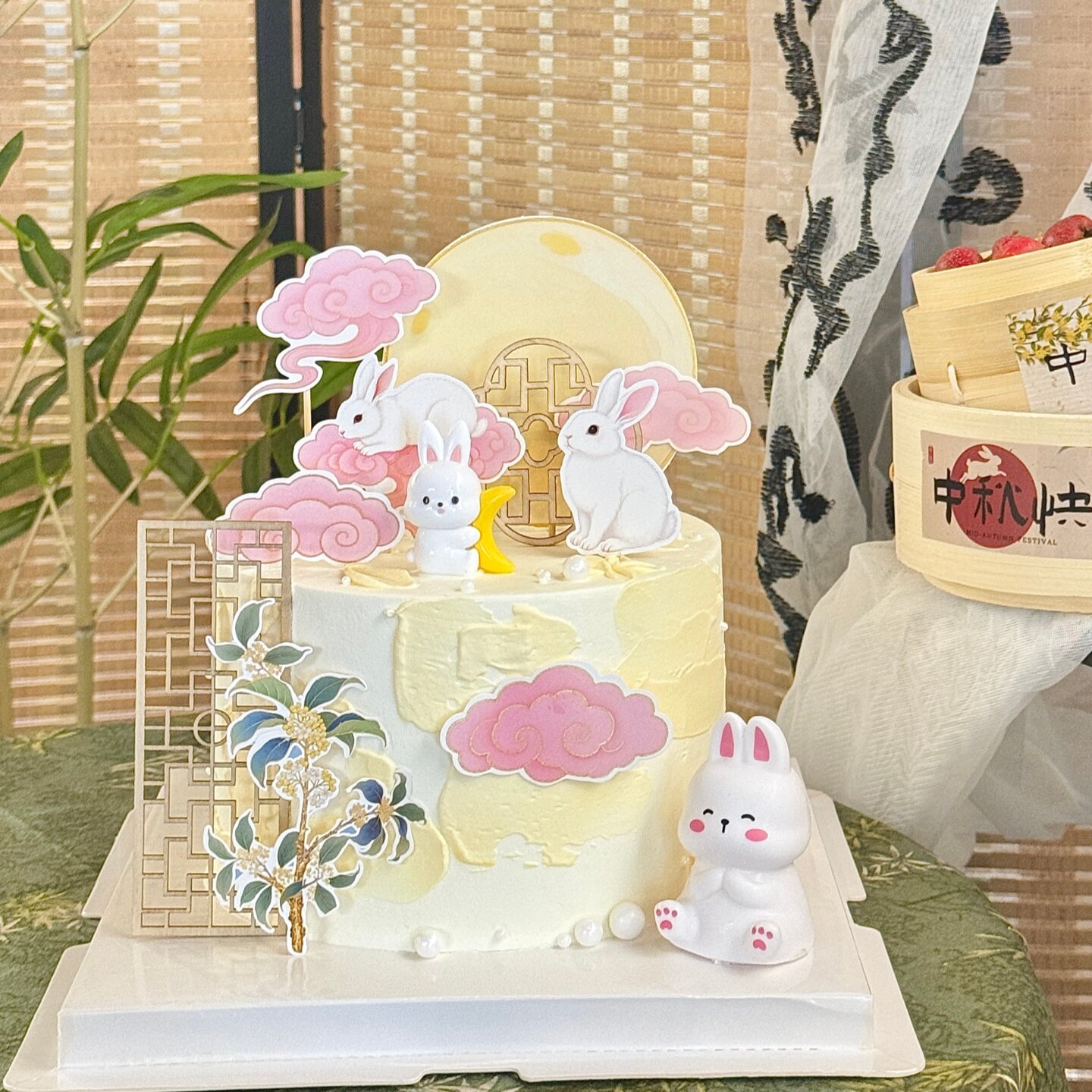2026中秋节月饼小兔子蛋糕装饰摆件八月十五月圆桂花树甜品插件