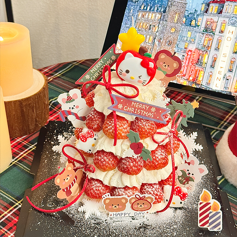 2026圣诞节苹果kt猫许愿树蛋糕装饰hellokitty星星蜡烛甜品插件