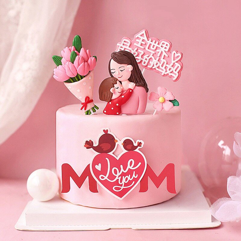 母亲节蛋糕装饰软陶鲜花妈妈momloveyou插件软陶拥抱母子母女摆件