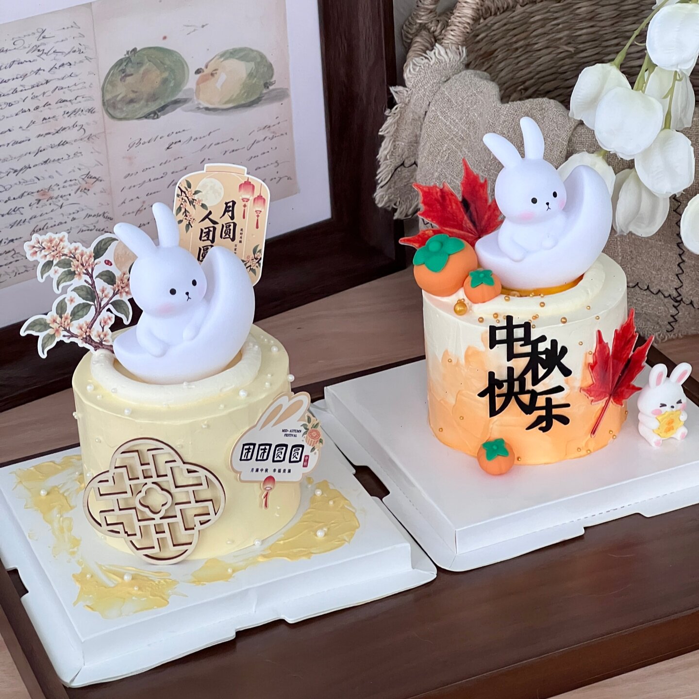 网红中秋节快乐亚克力蛋糕装饰插牌发光月亮兔子灯新中式节日配件