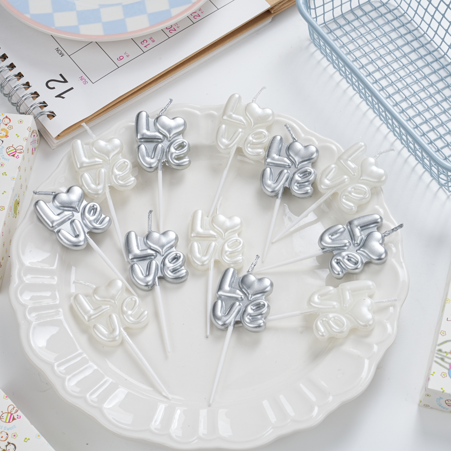 网红银色珠光love爱心蜡烛蛋糕装饰插件情人节情侣纪念日生日装扮