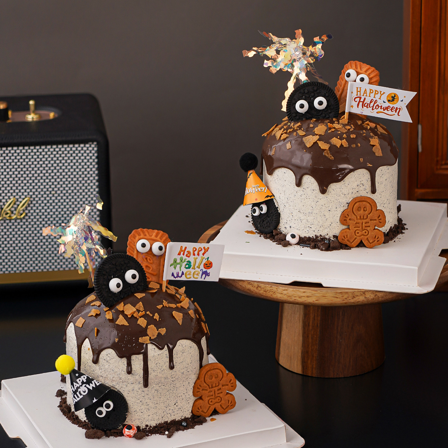 2025万圣节搞怪眼睛糖珠蛋糕装饰摆件迷你毛球帽小旗子甜品插件