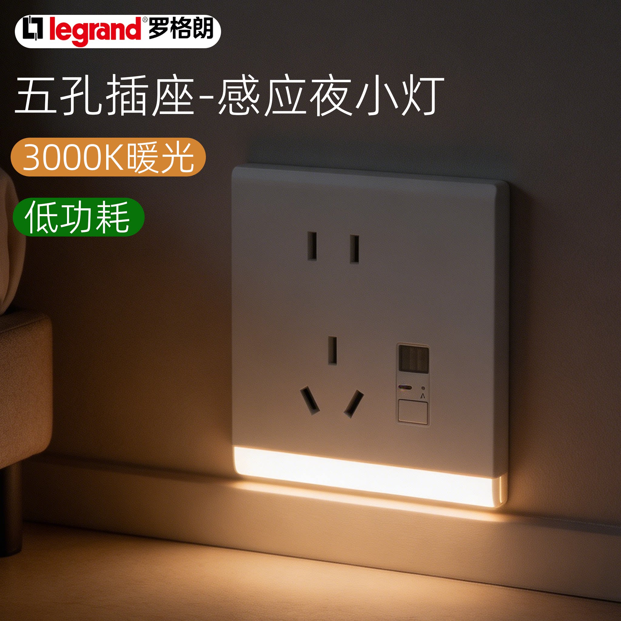罗格朗简悦LED人体感应智能走廊楼梯灯五孔插座86型嵌入式地脚灯