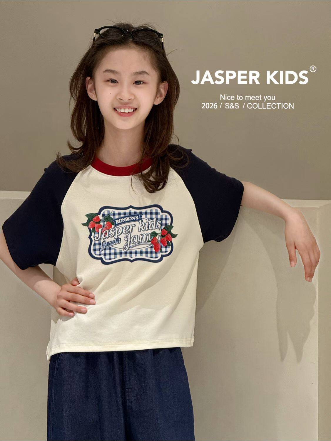 波拉韩国Jasper女童T恤2026夏季拼色樱桃儿童短袖t半袖女孩上衣潮