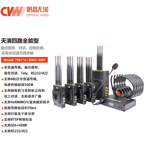 视晶无线 （CVW）天演四路全能型（4发1收带通话）无线图传 500米 1080P60全高清 SDI