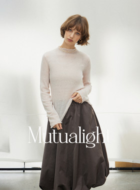 mutualight 波浪边珍珠绣针织衫女超细羊毛柔感圆领长袖打底上衣