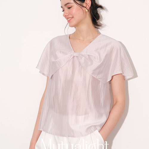 双相26SS新款淡紫色v领蝴蝶结莱塞尔混纺设计感衬衫