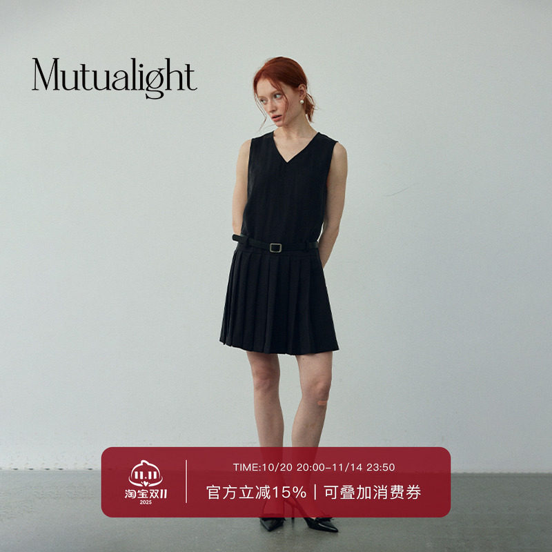Mutualight双相  背心连衣裙女法式复古显瘦气质百褶裙子