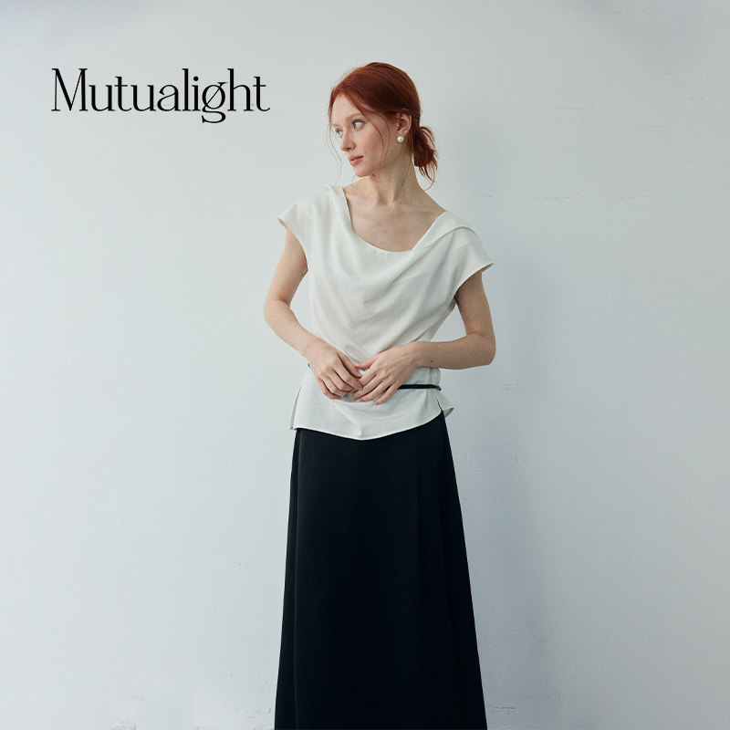 Mutualight双相25SS新款原创法式荡领修身褶皱气质上衣