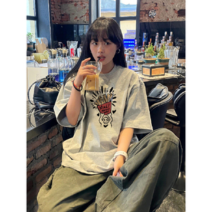 重磅精梳纯棉230克新款 T恤女 bm港味宽松百搭上衣chic卡通印花短袖