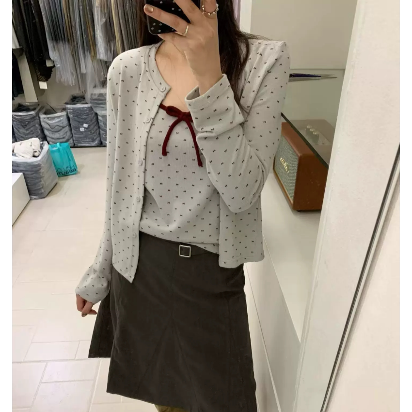 韩系波点吊带背心两件套春秋款甜美开衫蝴蝶系带百搭打底两件套