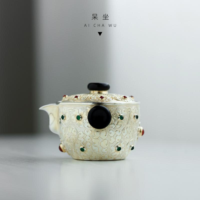 呆坐9999足银掐丝大唐花舞茶壶