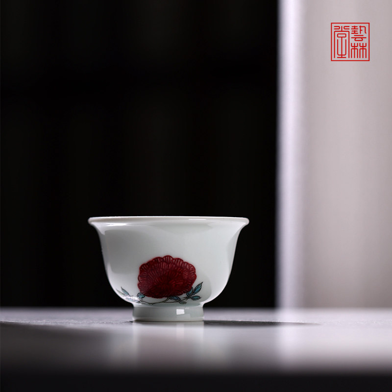 艺林堂誌釉里红粉彩手绘月季花小压手杯品茗杯主个人饮杯功夫茶具