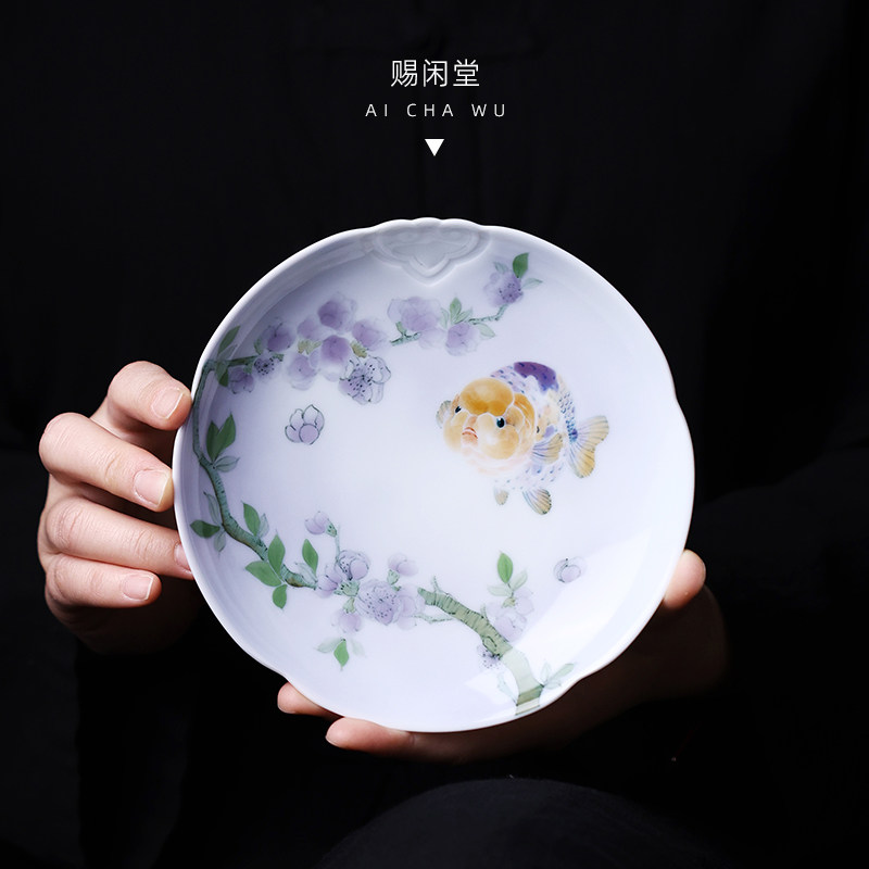 L赐闲堂手绘釉下彩兰寿鱼喜而不语壶承托干泡台果赏盘功夫茶具