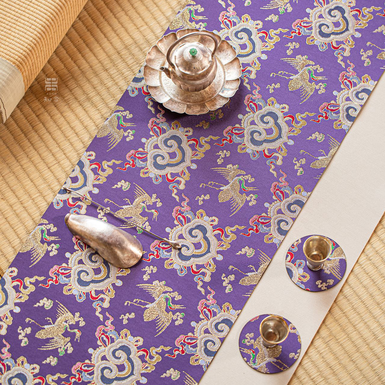 知舍如意云鹤纹茶席中式布艺桌旗