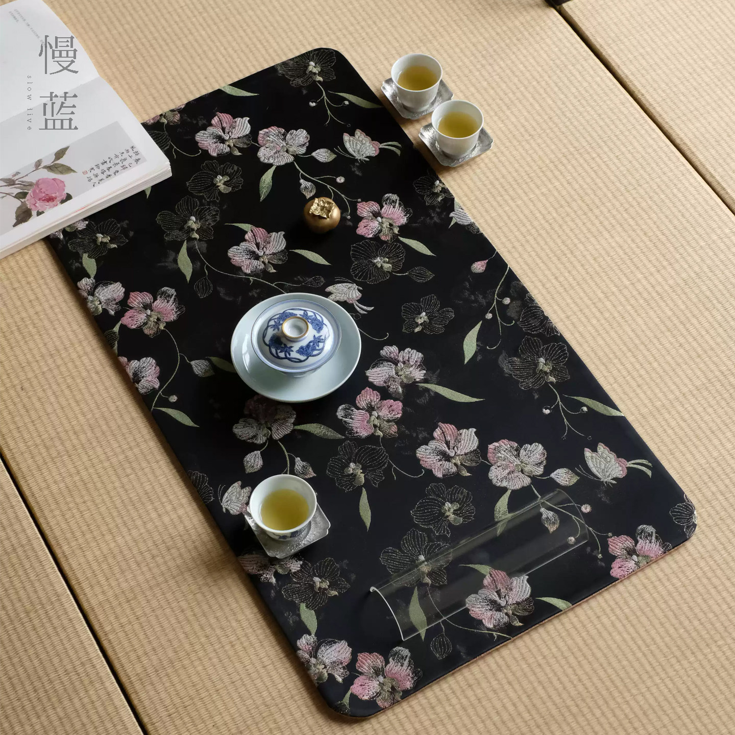 慢蓝粉绒花织锦茶席小桌旗茶包袋图片