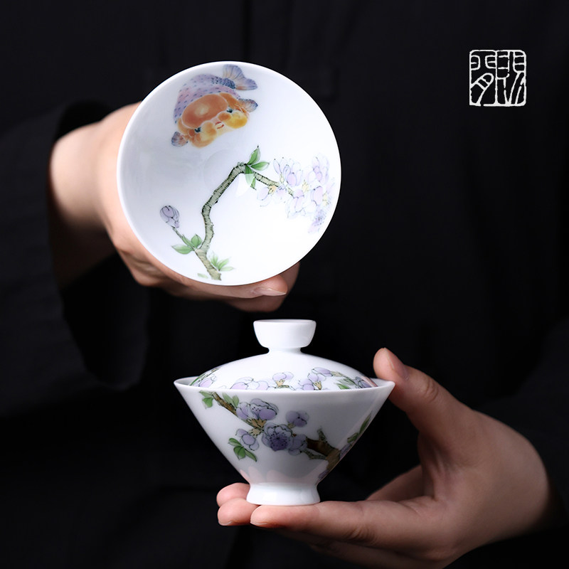 E赐闲堂茶具釉下彩兰寿鱼喜而不语斗笠盖碗泡茶器敬茶杯功夫茶道