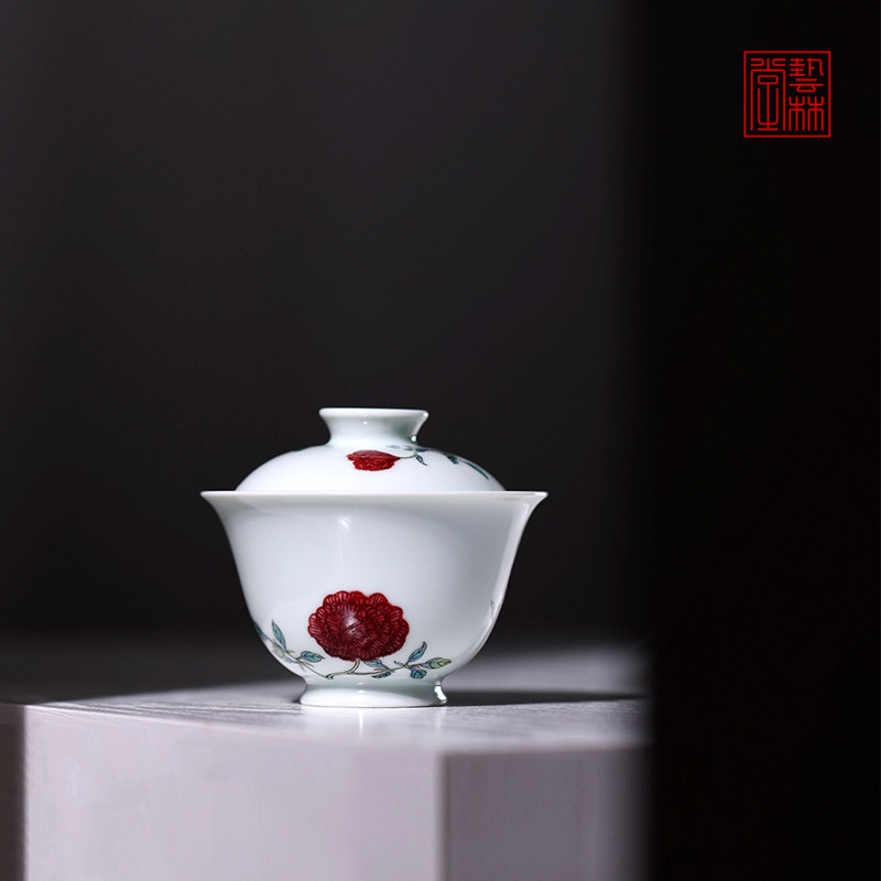 艺林堂釉里红粉彩手绘月季花小盖碗泡茶器盖杯敬茶碗功夫茶具