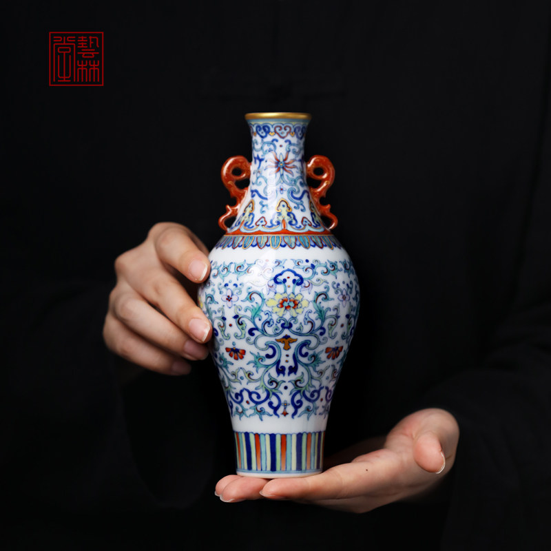 艺林堂誌茶具斗彩描金缠枝宝相花双耳柳叶花瓶干花插养花器摆件