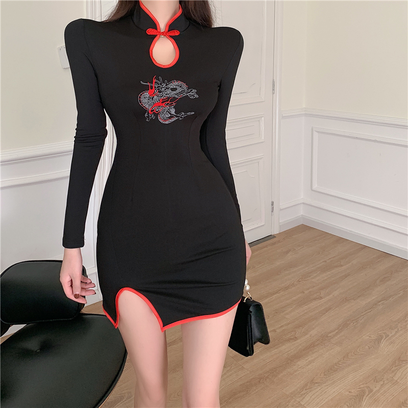 Chinese style embroidery anchor dress female sexy hollow cheongsam button split dress