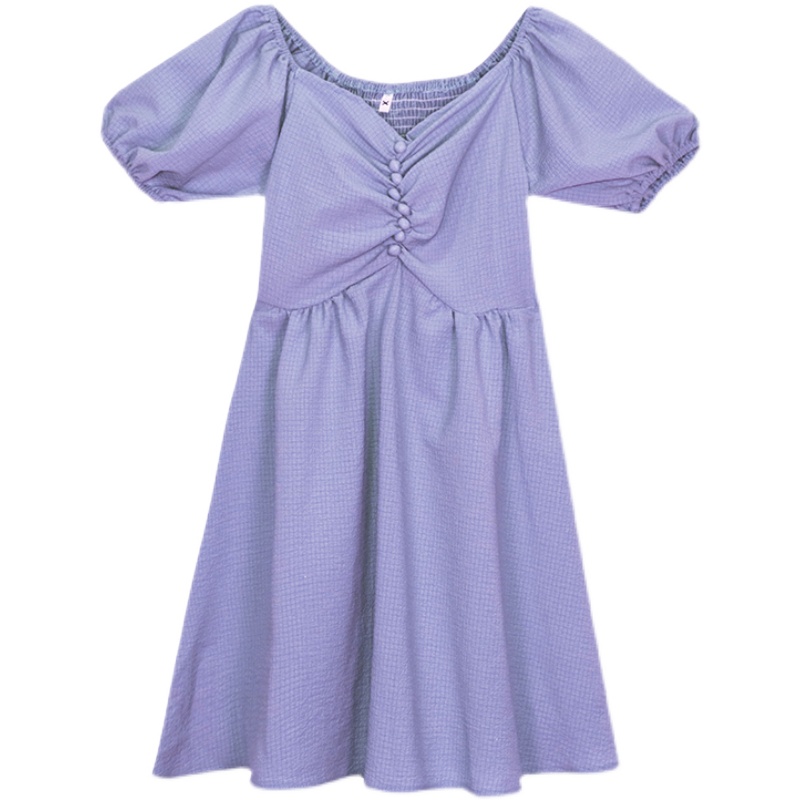 Realistic temperament gentle wind V-neck dress women's summer bubble sleeve high waist A-line skirt